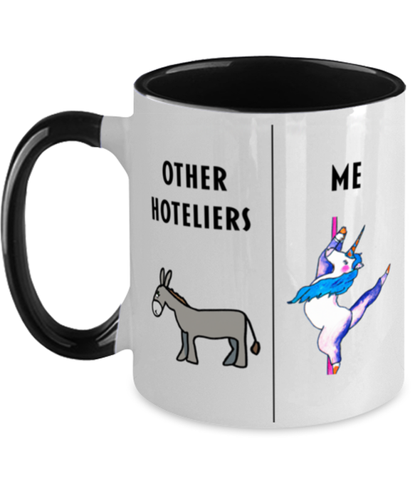 Funny Hotelier Coffee Mug, Gift for Hotelier, Gag Gift for Hotelier, Unique Gift for Hotelier, Cheap Hotelier Gift, Donkey Unicorn Two Tone Black Mug