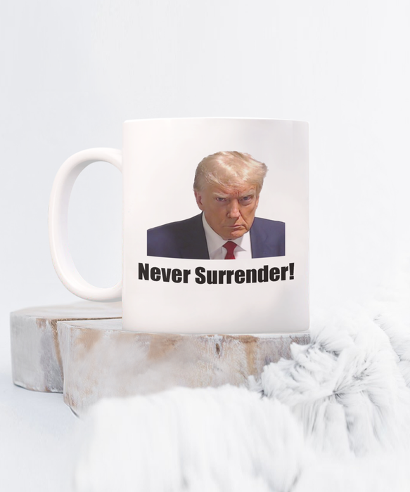 Trump Mug Shot, Mug Shot Coffee Mug, Funny Trump Gift, Trump 2024, Gift for Republican, Election Interference, Never Surrender