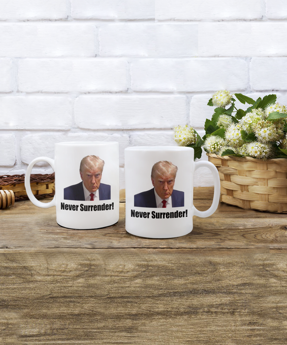 Trump Mug Shot, Mug Shot Coffee Mug, Funny Trump Gift, Trump 2024, Gift for Republican, Election Interference, Never Surrender